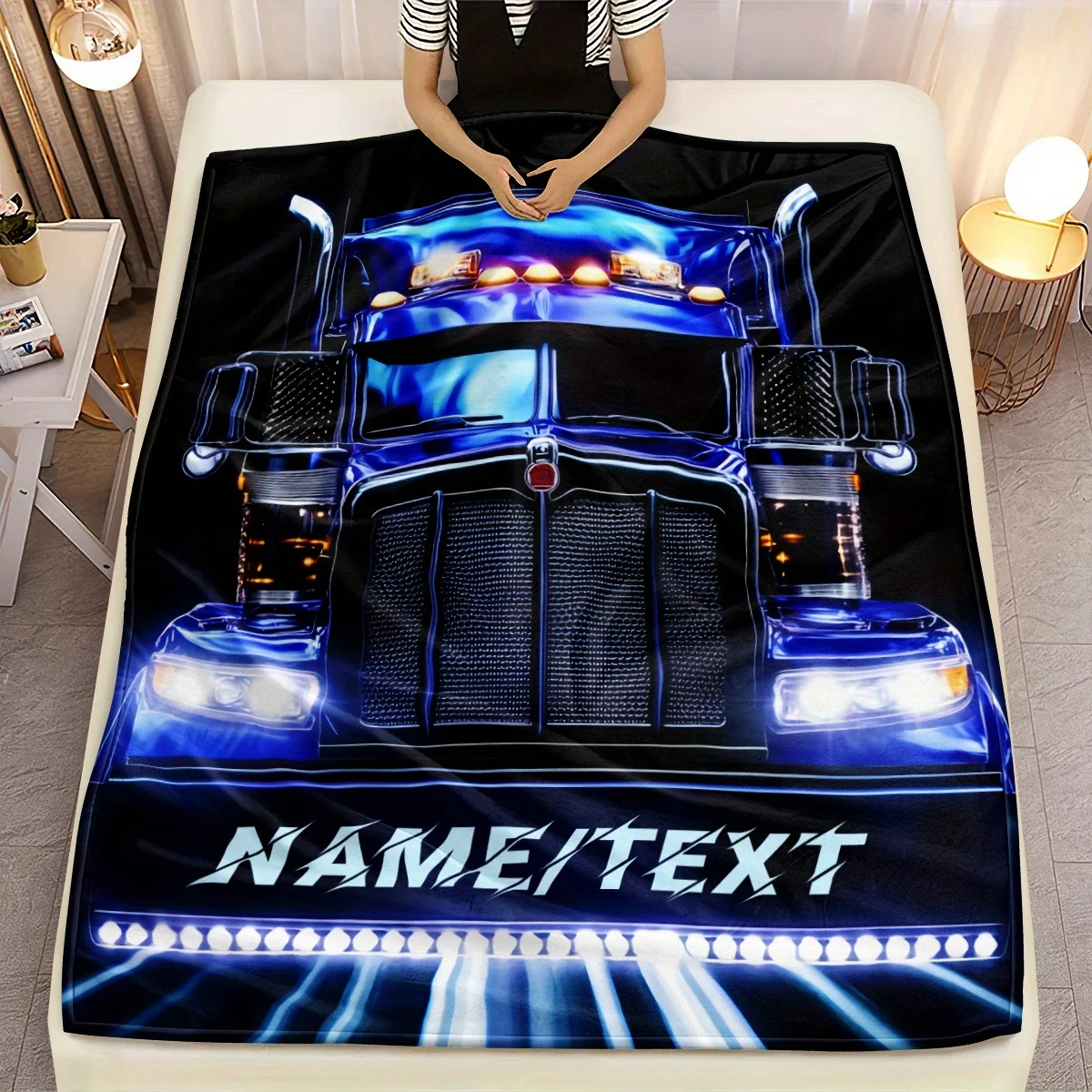 Personalized Truck Blanket Name Blue Semi Truck Art Soft Fleece Throw Driver Gift Home Decor Vehicle Theme