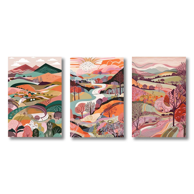 Pink Landscape Illustrations Canvas Print Posters Three Abstract Prints Wall Art Posters Wales Art Painting Living Room Decor