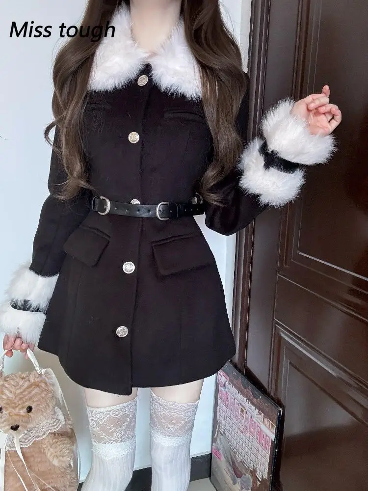 冬用厚手韓国ファッションレディースウィンドブレーカー黒毛皮襟スリムフレンチエレガントシックトレンチコート婦人服2025