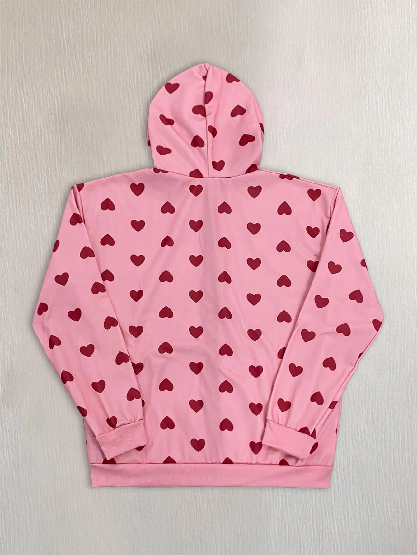 Y2K Burgundy Heart Pattern Hooded Sweatshirt Pink Loose Long Sleeve Zip Cardigan