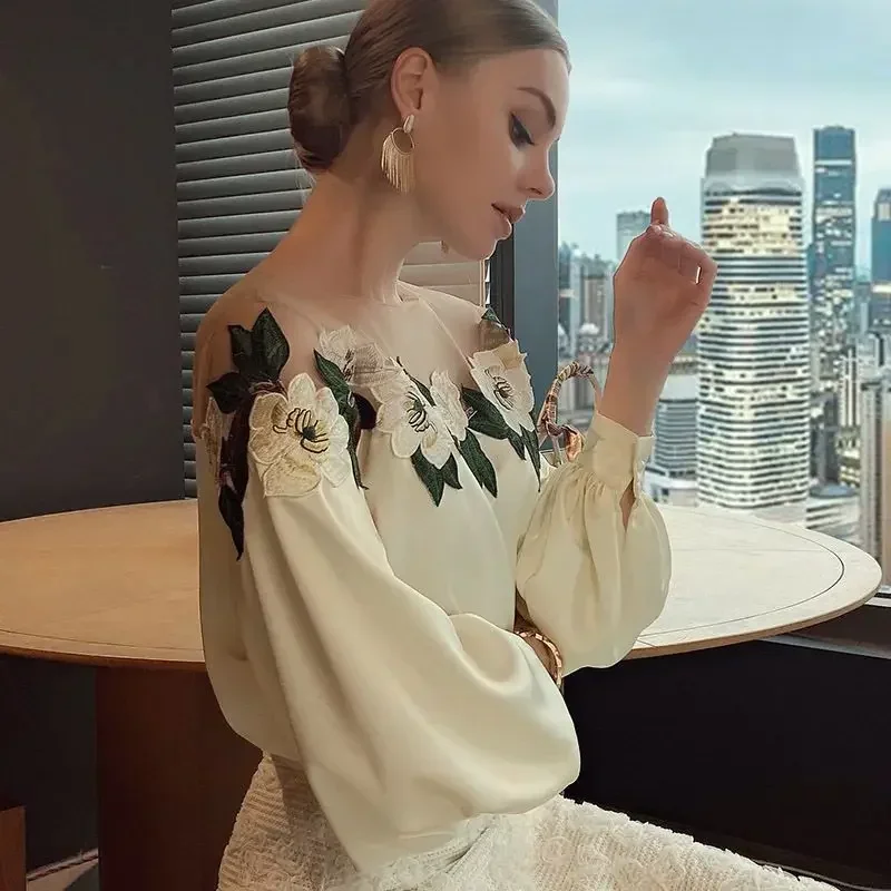 2024 Summer Women's Long-sleeved Lower Shoulder Net Embroidered Satin Shirt Women's Top Women's Blue Chiffon Shirt