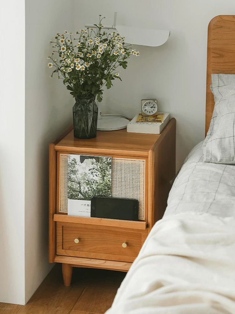 

Japanese cherry wood rattan woven bedside cabinet Small family bedroom storage and storage cabinet Art retro bedside cabinet