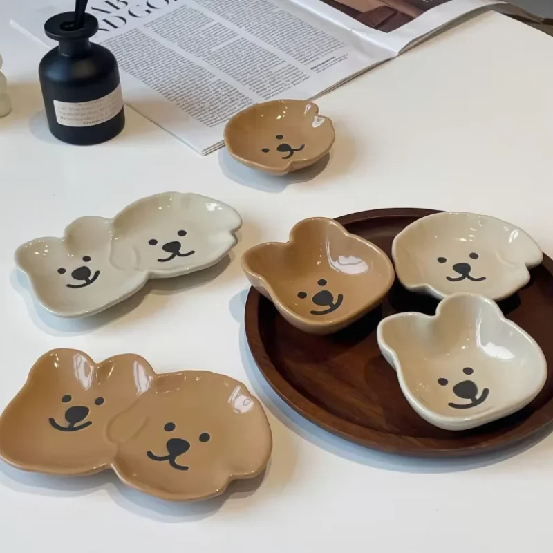 Adorable Ceramic Sauce Dish with Cute Dog & Bear Design - Single/Double Compartment Dip Bowl for Condiments, Snacks, Sushi, Soy