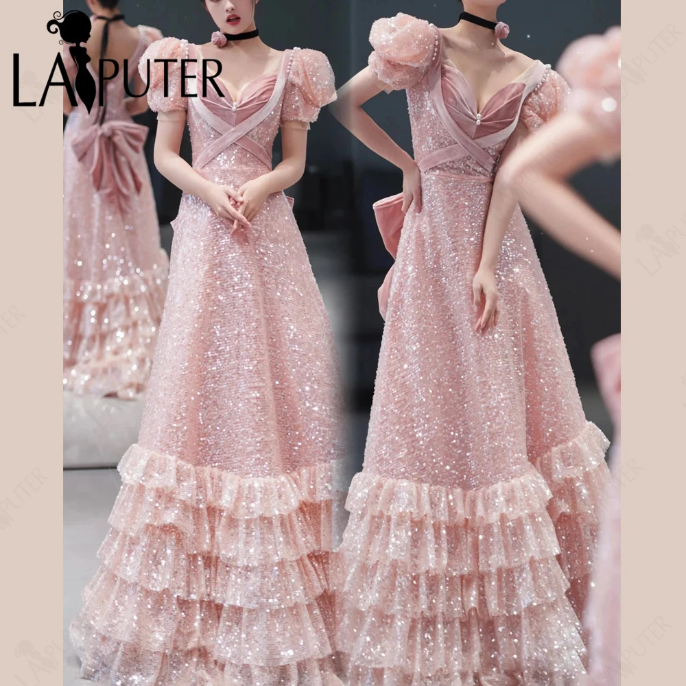 

Розовое вечернее платье трапециевидной формы с блестками и короткими рукавами, праздничное платье для девочек, многослойное торжественное платье с милым бантом и лентой, розовое вечернее платье с пайетками