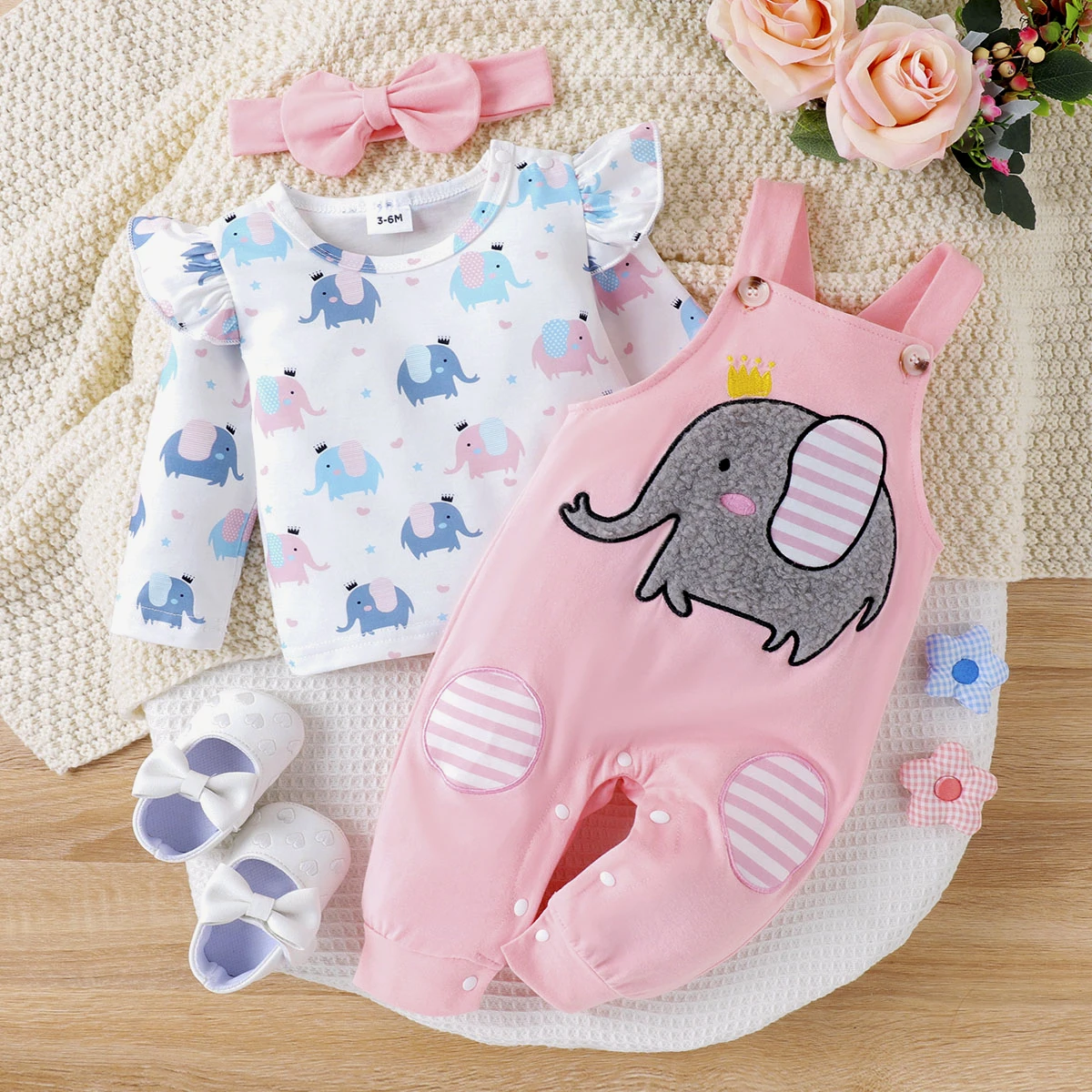 PatPat 3pcs Baby Girl Elephant Pattern Hyper-Tactile 3D Design Set