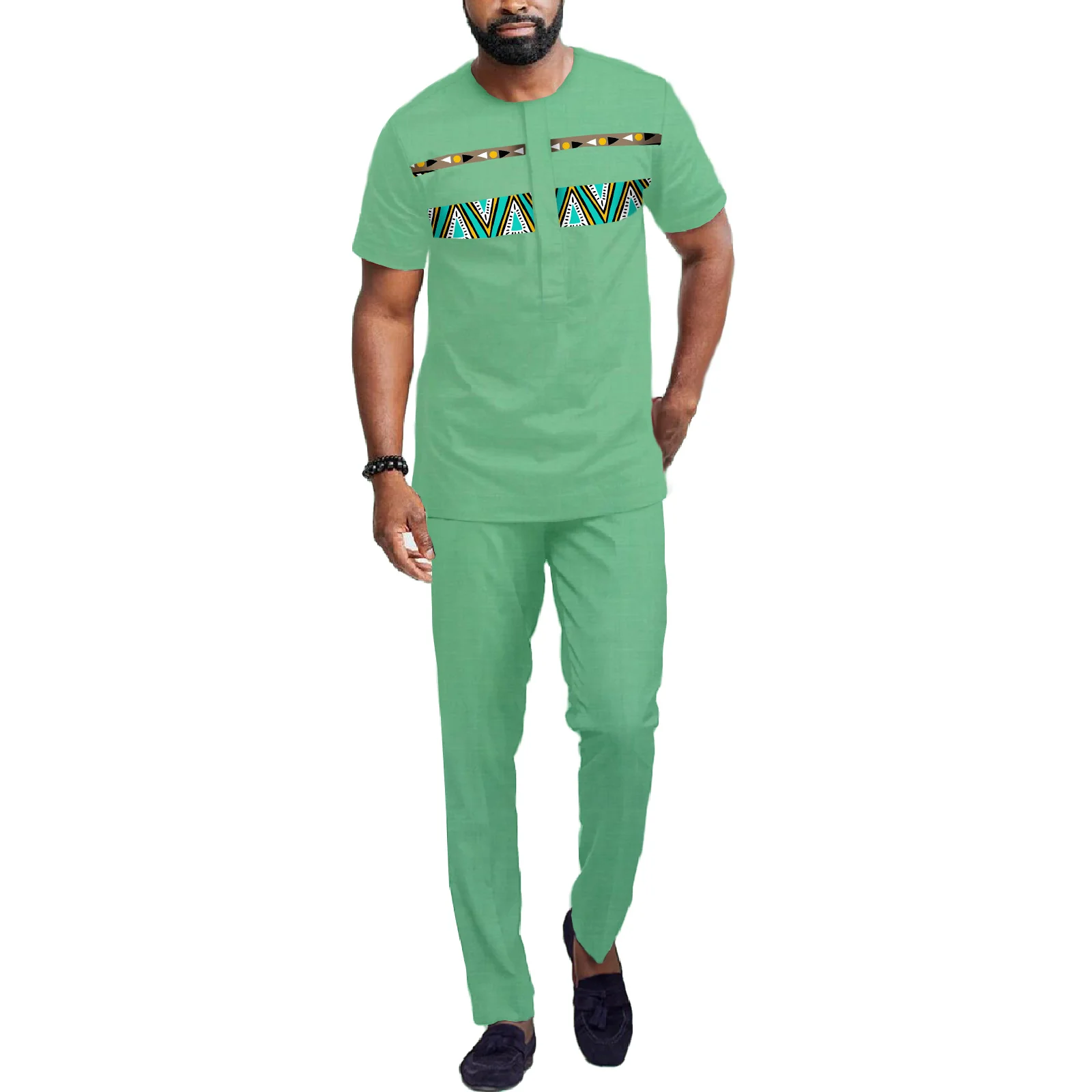 

African Men Clothes Dashiki Splicing Design Retro Loose Contracted Casual Tracksuit 2 Piece Set