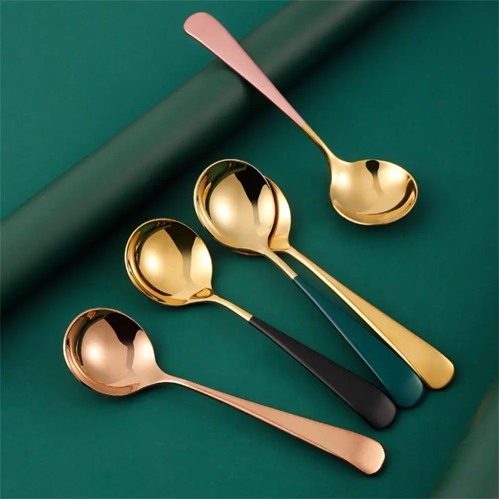 Stainless Steel Round Head Spoon Serving Dessert Spoon Korean Style Spoons Mixing Spoon Coffee Spoon Kitchen Gadget Tableware