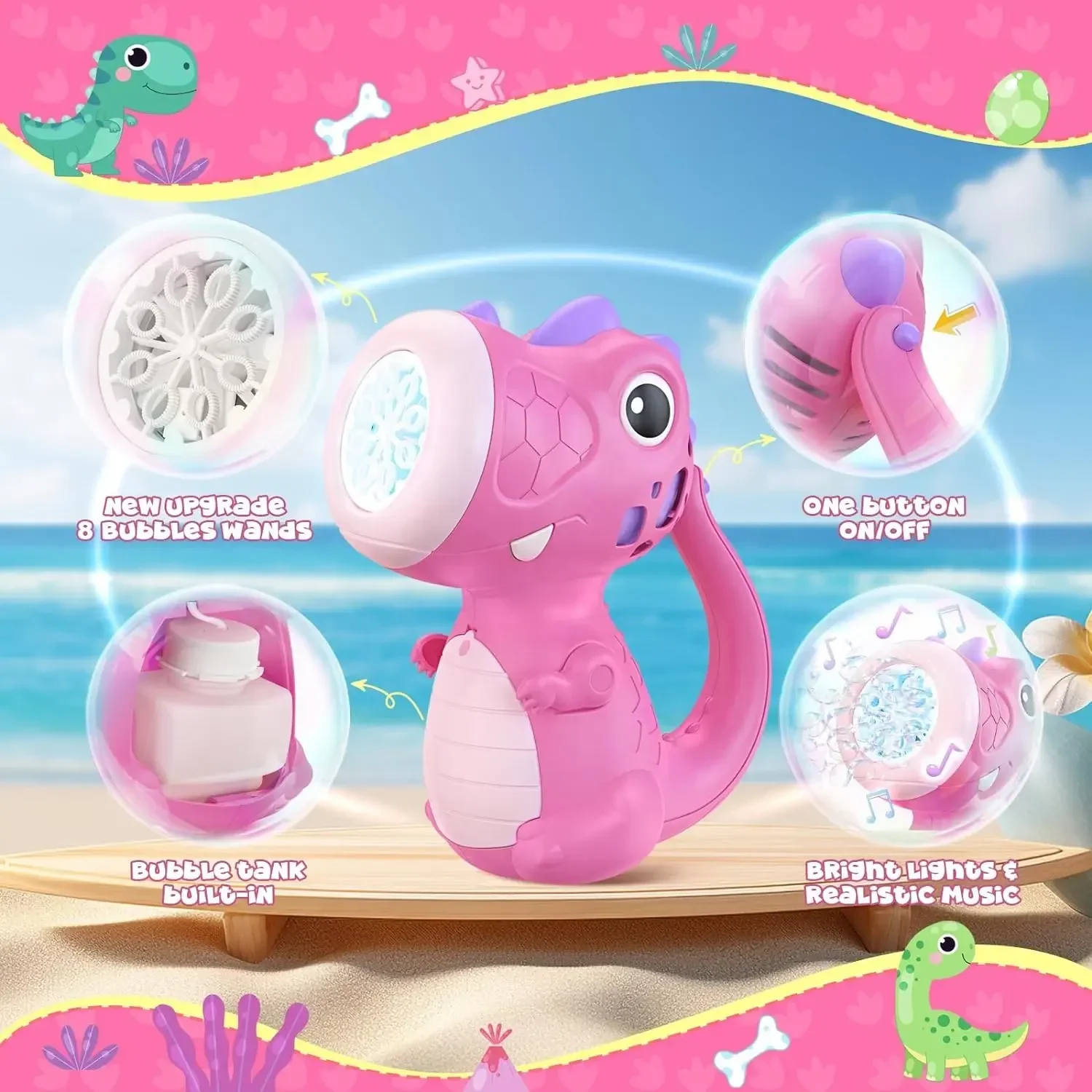Máquina automática de bolhas de dinossauro, bolhas coloridas com luzes musicais, brinquedos de bolhas, festa ao ar livre, casamento, presentes para crianças