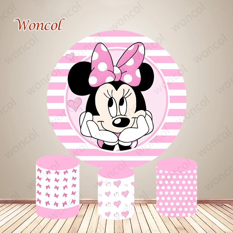 

Minnie Mouse Round Backdrop Girls Birthday Baby Shower Backdrop Bow Love Heart Polka Dot Cylinder Cover Party Decorations Prop