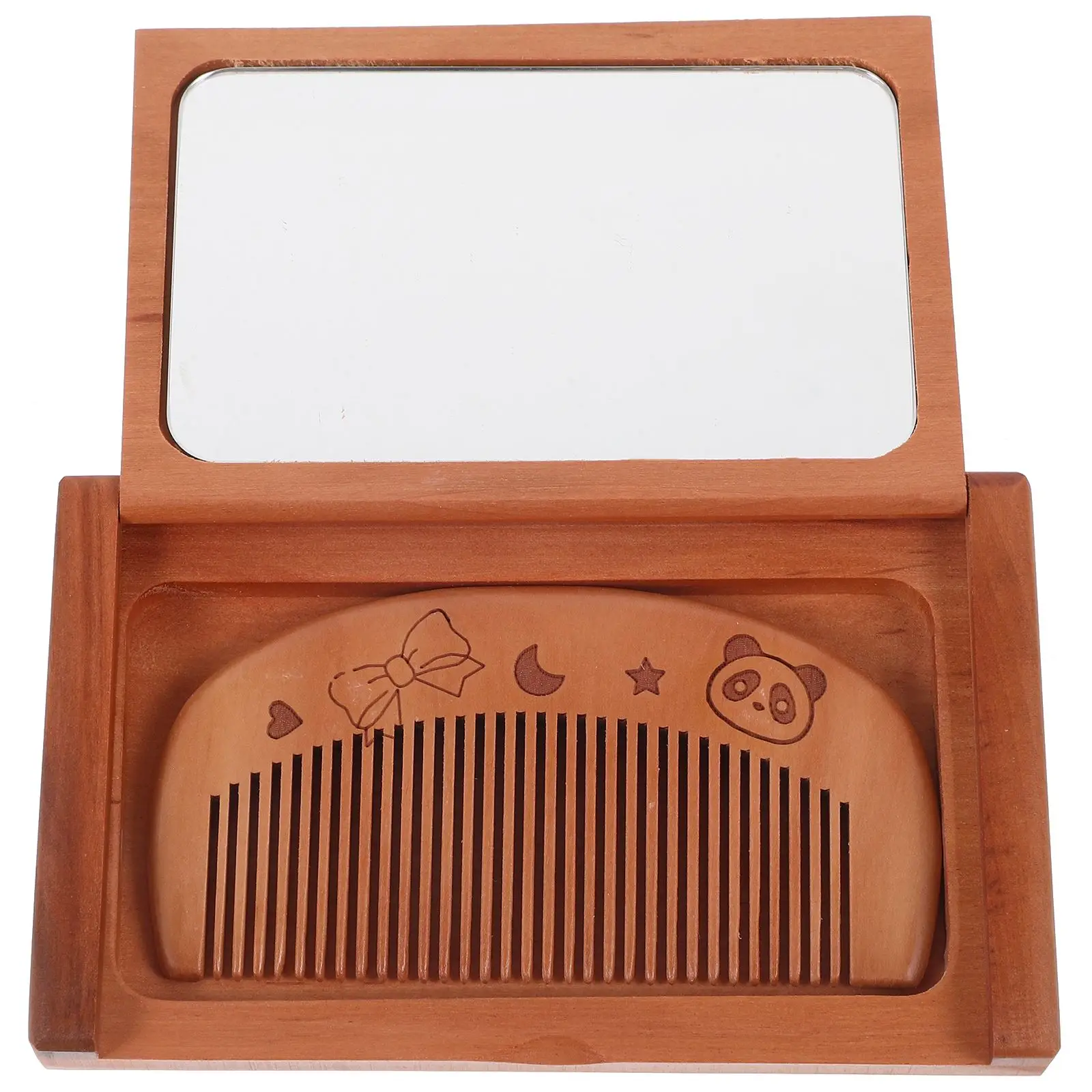 Wooden Comb Mirror Set Hand Held Handheld Lit Small with Foldable Folding