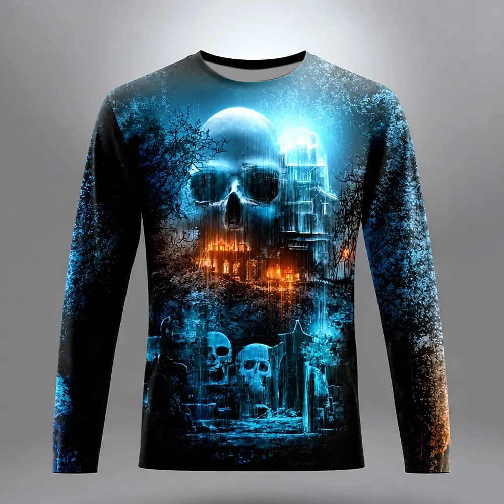 Men Halloween Long‑Sleeve T‑Shirt,3D Print Black Cat Haunted House Skull Moon,Crew Neck Gothic Horror Party Tops