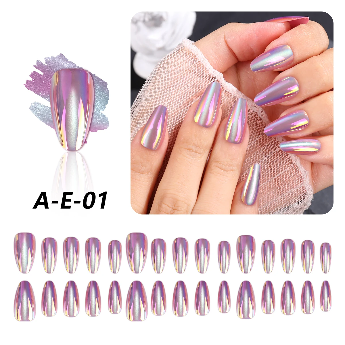 Elektroplaterowane, błyszczące sztuczne paznokcie kocie oko Aurora Purple Mirror Powder Ethereal Violet Glow Nails
