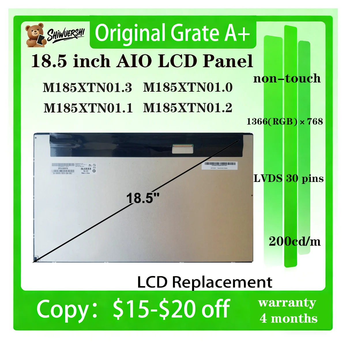 

Оптовый оригинальный новый ЖК-монитор 18,5 дюйма с панельным дисплеем M185XTN01.3 01.0 01.1 01.2