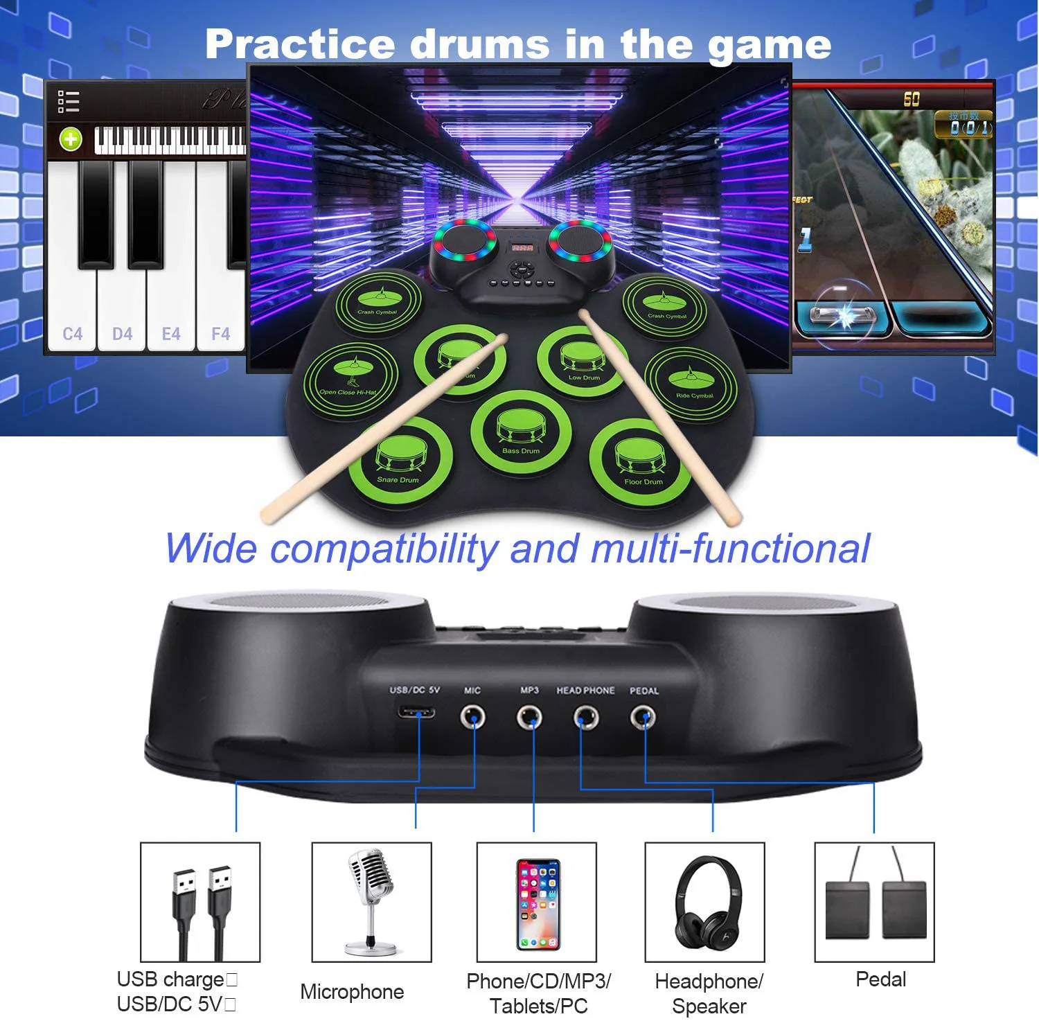 Roll-up Electronic Drum Pad Silicon Digital Drum with Built-in Battery Speakers Foot Pedals Headphone Monitoring Colorful Light