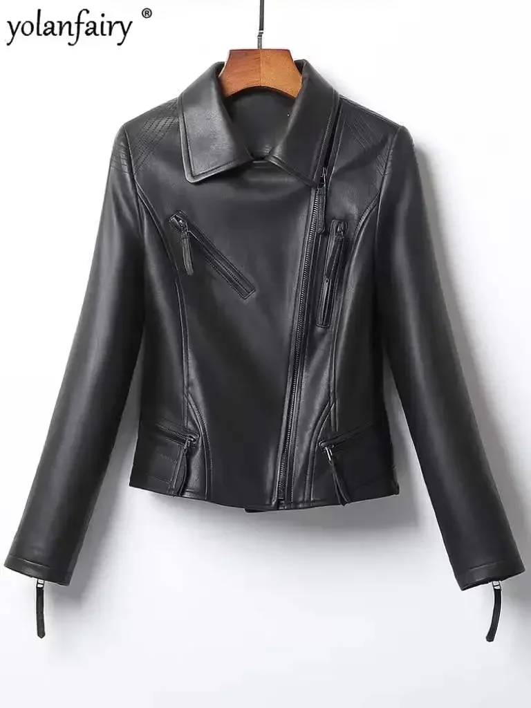 Neue Frühling Echt ledermantel Damen natürliche Schaffell jacke Frauen schlanke Motorrad jacken weibliche Leder bekleidung Tops