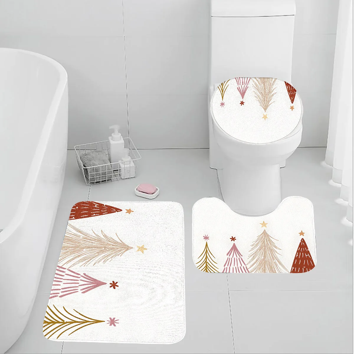 Das Weihnachtsbaum-Toilettensitzkissen in einer Linie kann individuell angepasst werden oder zusammen für Badezimmerteppiche eingestellt werden