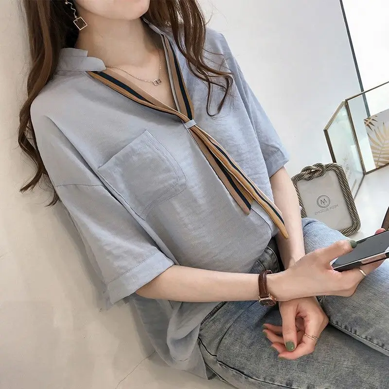 

New Summer Women's Fashion Striped Tie Blouse Short Sleeved Loose Versatile Top
