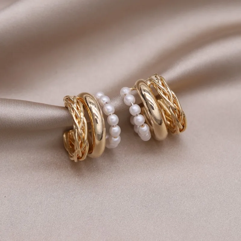 Korean New Fashion Jewelry 14K Gold Plated C-type Multi layer Pearl Metal Braided Earrings Elegant Women's Party Accessories
