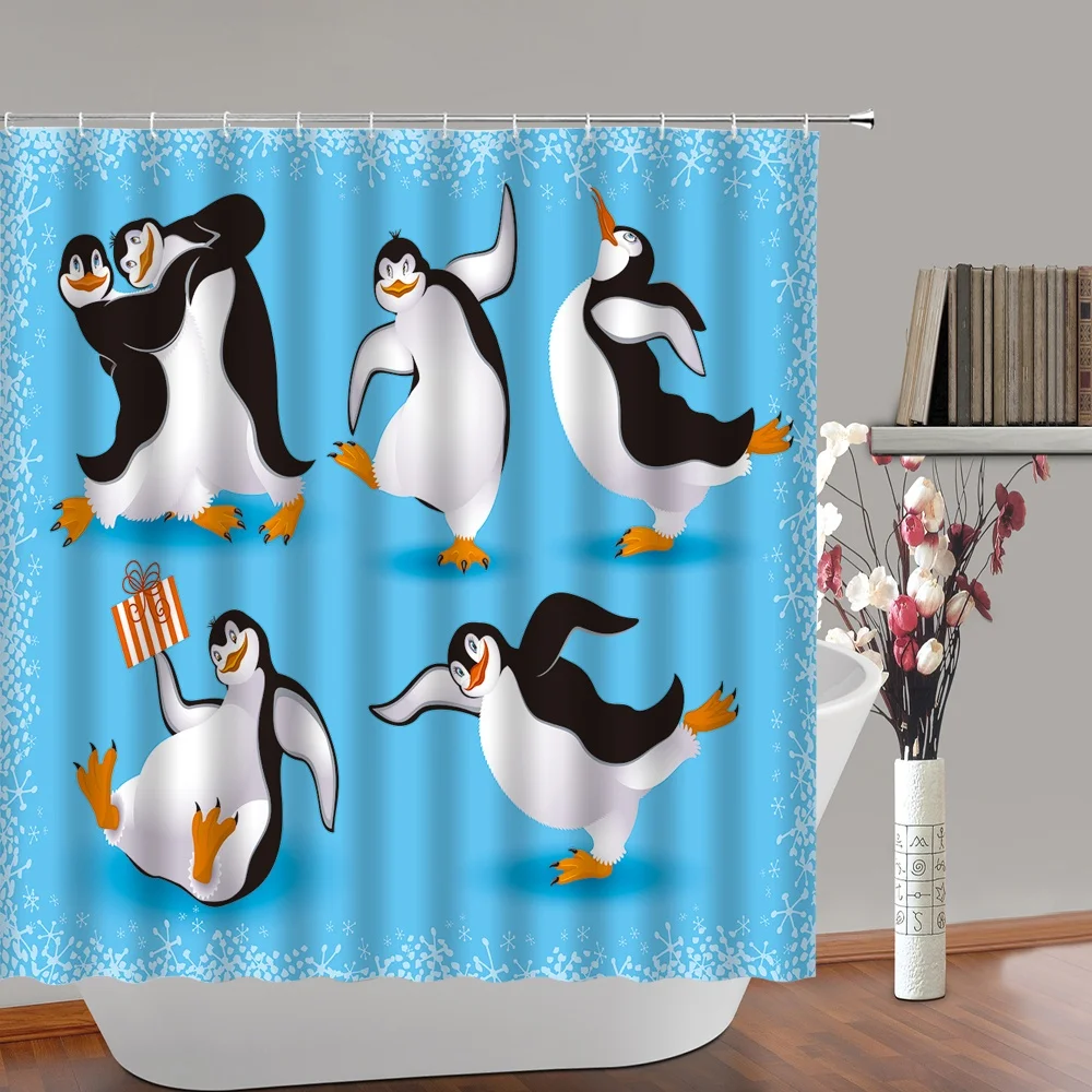 Rideau de douche en tissu Polyester, motif pingouin, imperméable, lavable, flocon de neige, Animal mignon, décoration de salle de bain, hiver