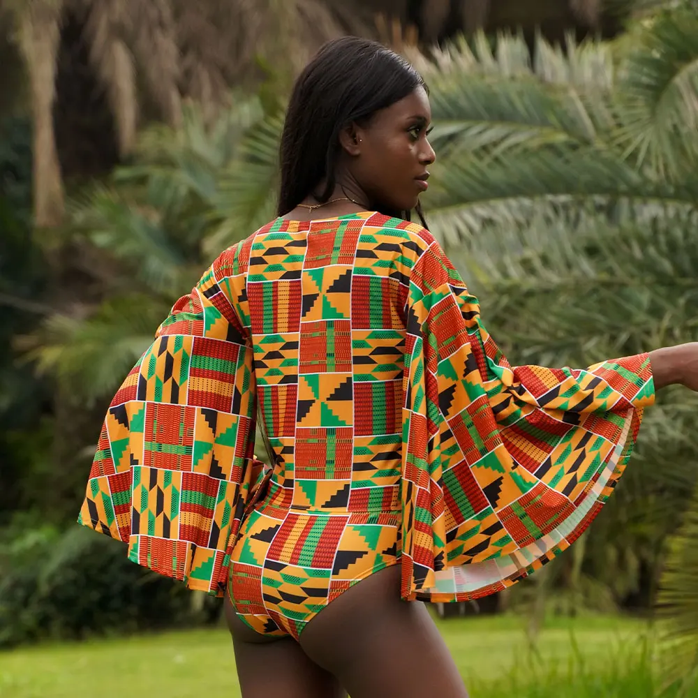 2023 New African Style Monokini Sexy V-Neck Swimsuit Kente Printed Women Fashion Long Sleeve Beach Swimwear