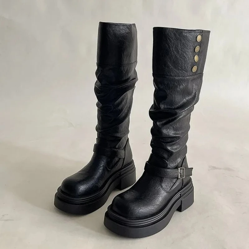 Women Ruched Knee High Boots, Vintage Metal Button Buckle Strap Platform Chunky Heel Knight Boots Retro Thick Sole Height Boost