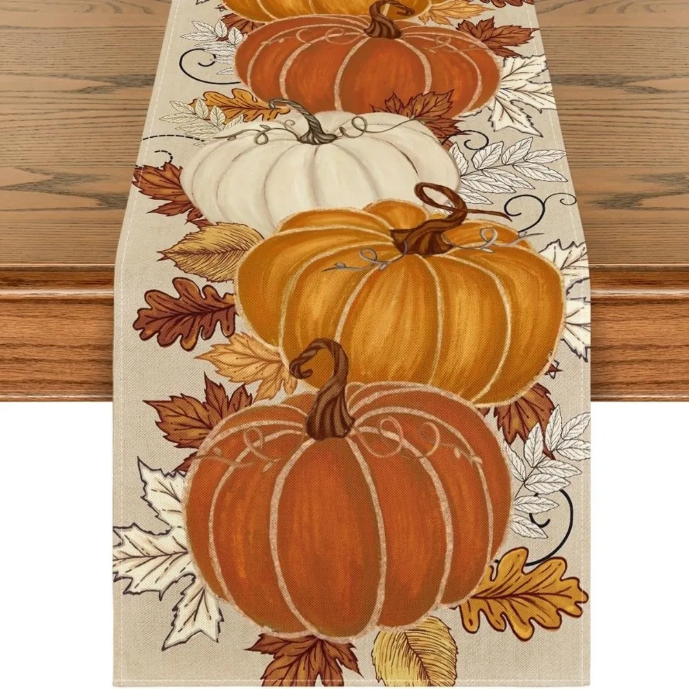 Autumn Harvest Theme Pumpkin Table Runner Rectangular Durable Thanksgiving Table Runner Decorative Autumn Table Runner