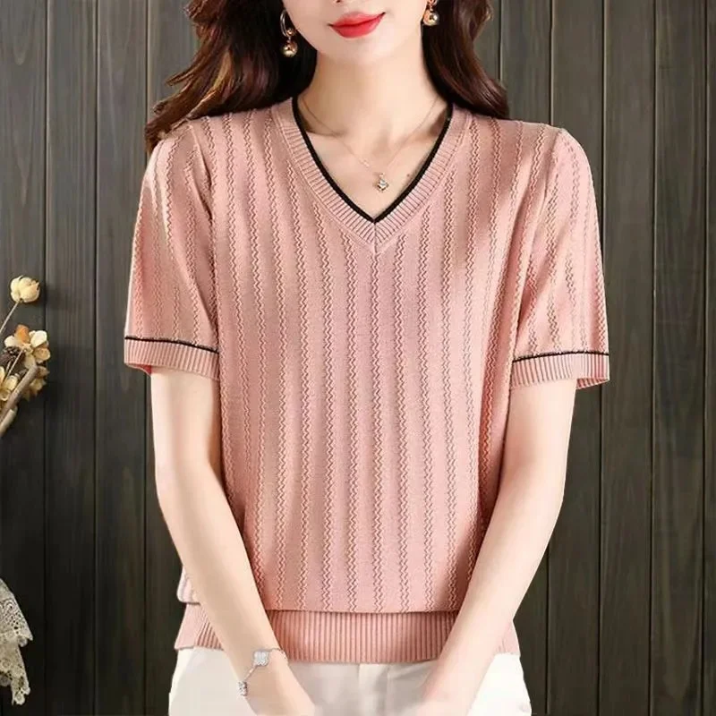 Spring Autumn Women Sweaters Short Sleeves V-neck Bottoming Shirt Knitwear HOT 2024 Summer Camel Green Pullovers Korean Jumpers