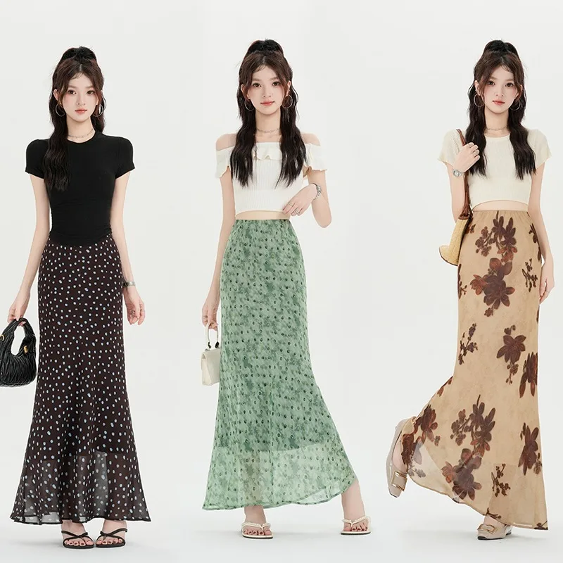 Vintage Retro Floral Printed Chiffon Women's Skirt Summer Pure Desire Mermaid Hem A Line High Waist Flowy Maxi Long