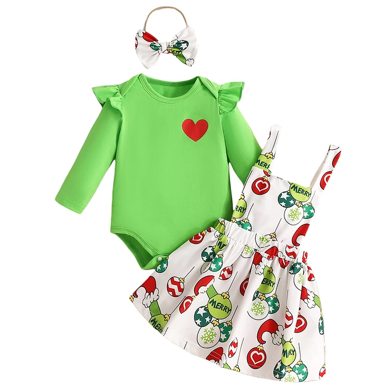 

Baby Girls 3PCS Skirt Sets Flying Sleeve Romper Christmas Ball Print Suspender Skirt Headband Sets