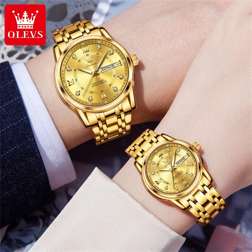 OLEVS Quartz Couple Watches for Men and Women Luxury Golden Stainless Steel Dual Calendar Dial Waterproof Luminous Wristwatches