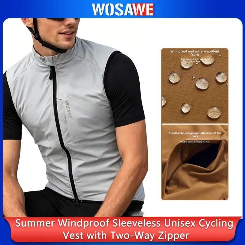 WOSAWE Cycling Vest Summer Windproof 2 Way Zippers Water-repellent Cycling Windbreaker Sleeveless Men Women MTB Bicycle Gilet