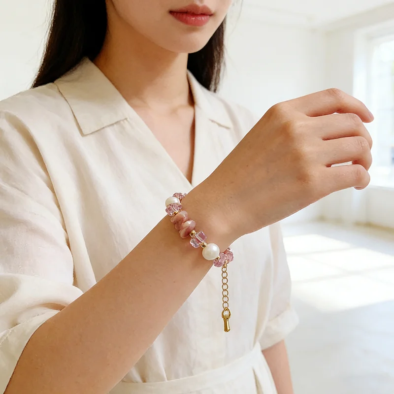 Retro Unregelmäßiges Rosa Naturstein-Perlenarmband für Damen Süßes Accessoire Modischer Schmuck 2026 Trendiges Handgelenk-Accessoire – Detail 5