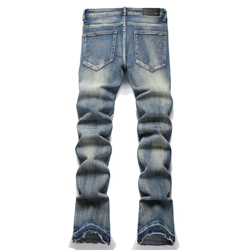 Men's Fashion High Street Patched Jeans Pants Streetwear Bell Bottom Denim Trousers With Patchwork Stretchy Bootcut Bottoms