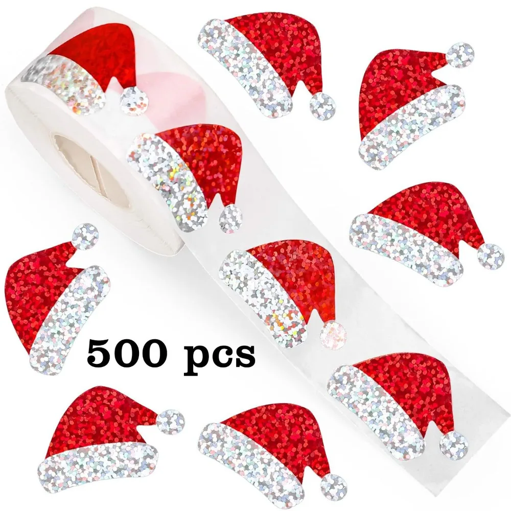 500Pcs Holographic Red Santa Hat Self‑Adhesive Stickers, DIY Decals for New Year Holiday Party Decorations