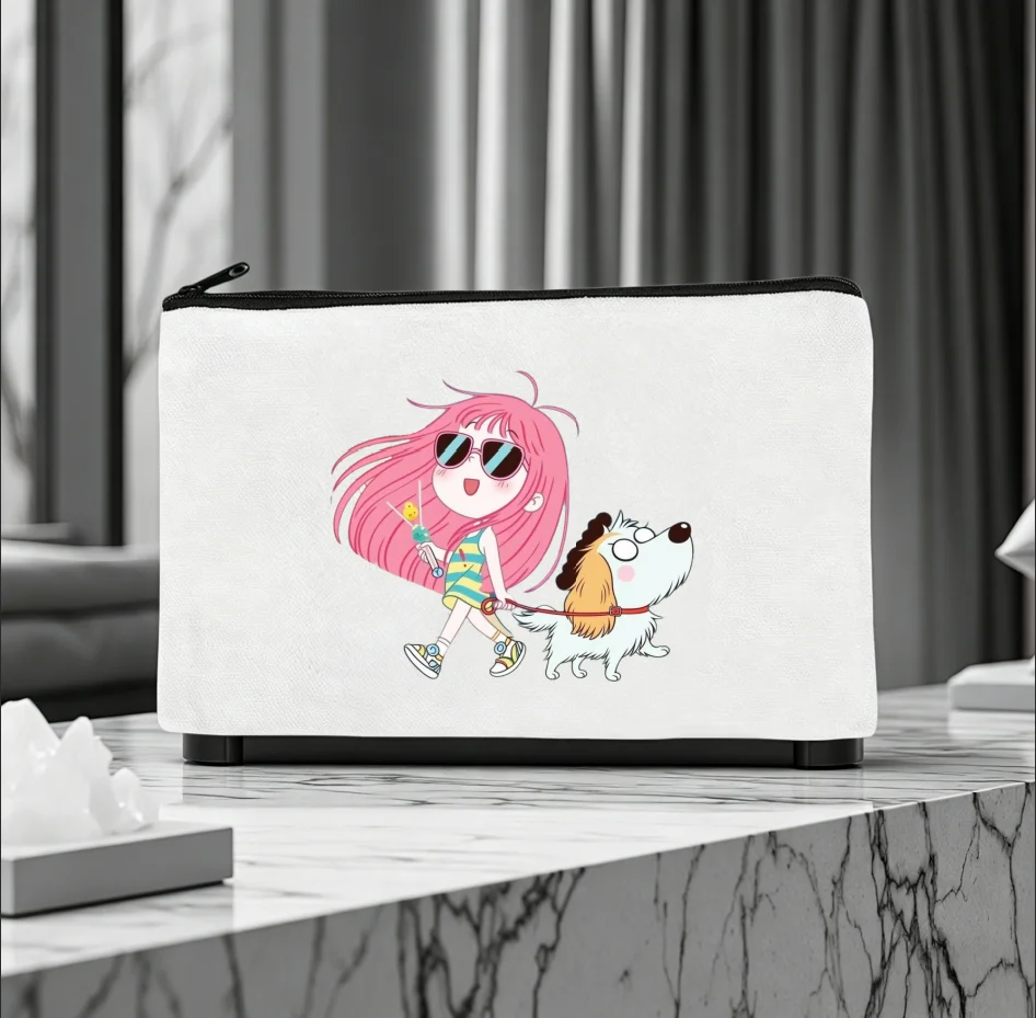 1PC Double Sided Print Pink Hair Girl Walking Fluffy Puppy Canvas Zipper Cosmetic Storage Pouch
