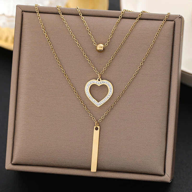 316L Stainless Steel New Fashion Fine Jewelry 3-Layer Beading Zircon Love Heart Charm Chain Choker Necklaces Pendants For Women