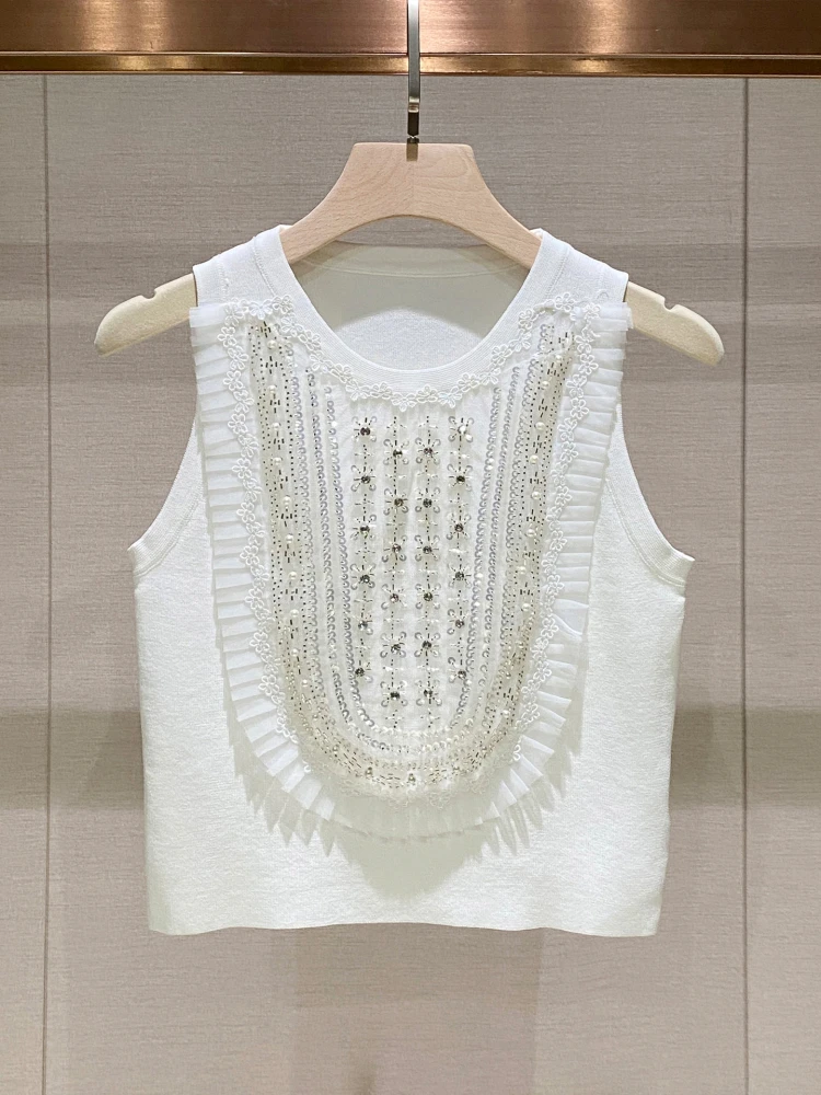 

Sweet Sle Knitted Sweater Women's Summer Heavy Bead Bright Particle Svel Strap Vest Faion Brand Slim Fit round Ne