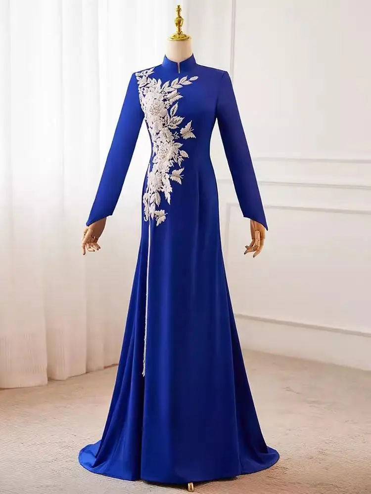 

Customized Luxury Royal Blue Evening Dresses Logn Sleeve 2025 High Neck Beading Split Party Special Occasion Dress Prom Formal