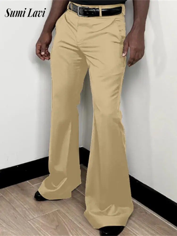 

Vintage Mens Bell-bottom Solid Color Trousers Autumn Trendy Wide Leg Pants Men Party Fashion Slim Fir Flared Trousers For Man