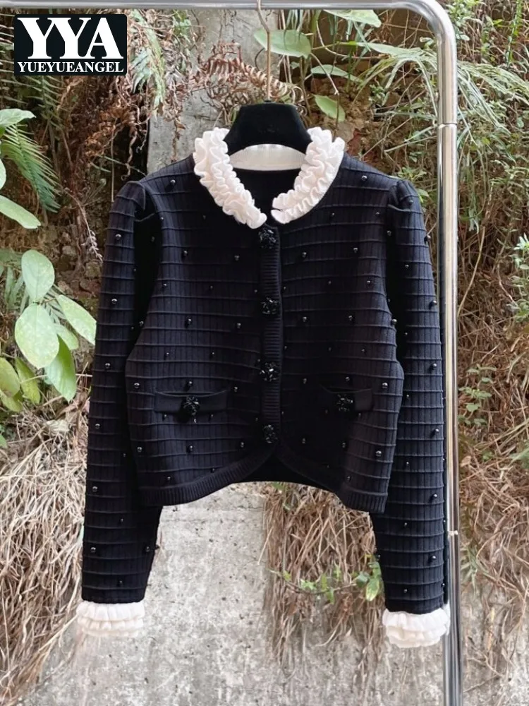 Elegant Women Knitted Cardigan Jacket Ruffled O Neck Long Sleeve Autumn Winter Fashion Mixed Colors Office Ladies Short Coat