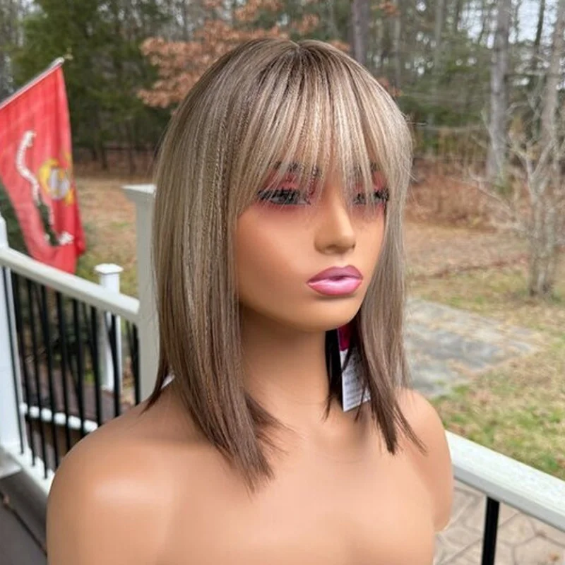Ombre Ash Brown Wigs Short Machine Made Human Hair Wigs Glueless Wigs Soft