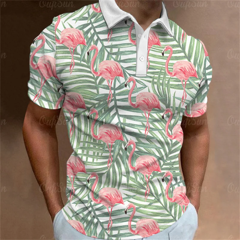 Flamingos Polo T-Shirts Cartoon Print Trending Shirt Summer Short-Sleeve Hawaiian Style Luxury Golf Wear men Overisized Clothing