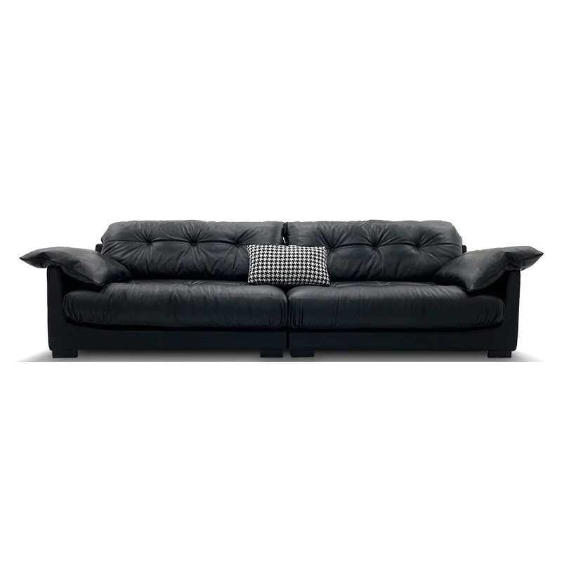 Italian minimalist modern black genuine leather sofa, high-end vertical row, premium down for living room sofas