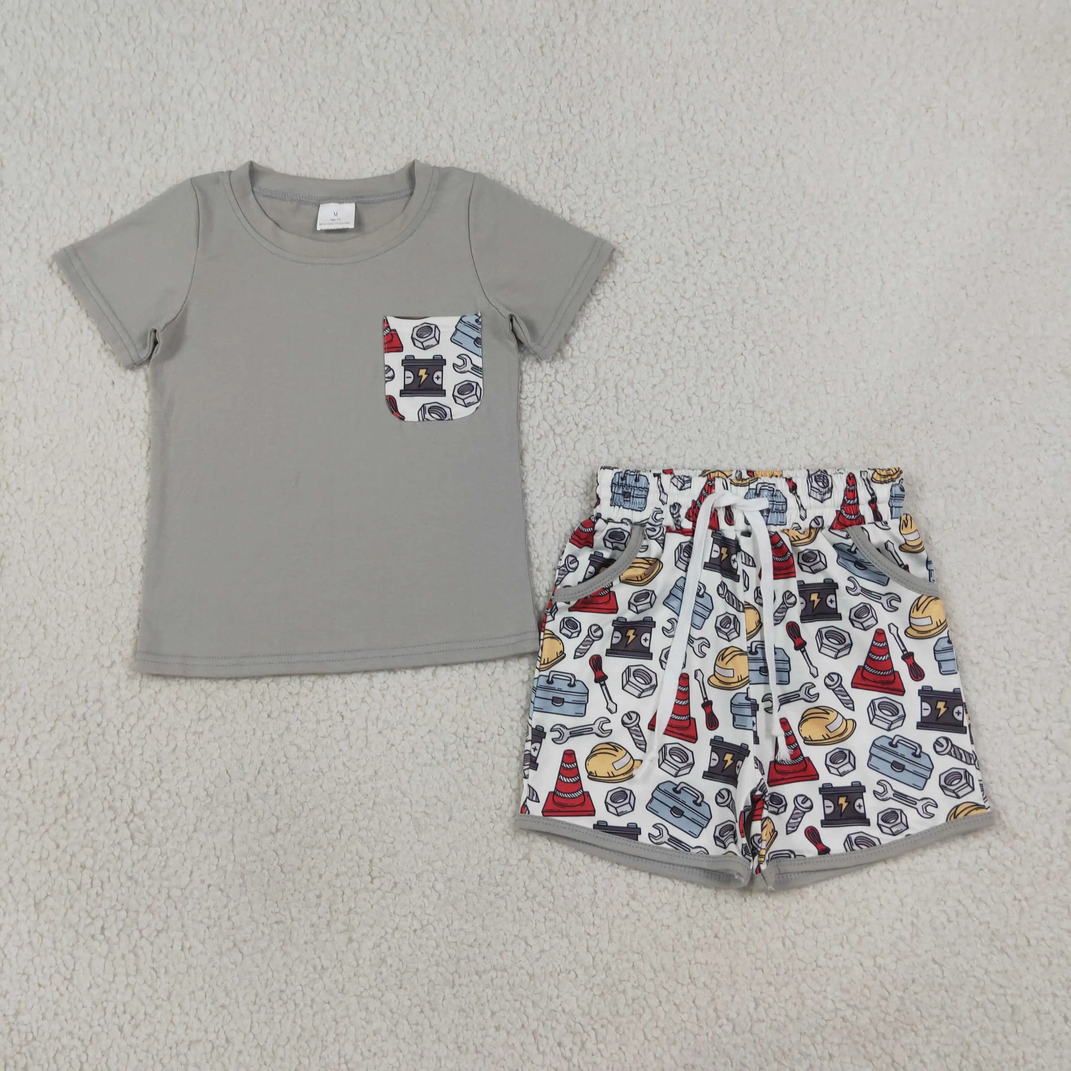 Wholesale Baby Boy Summer Set Children Short Sleeves Grey Shirt Tee Toddler Pockets Tools Shorts Kids Boys Outfit Clothing
