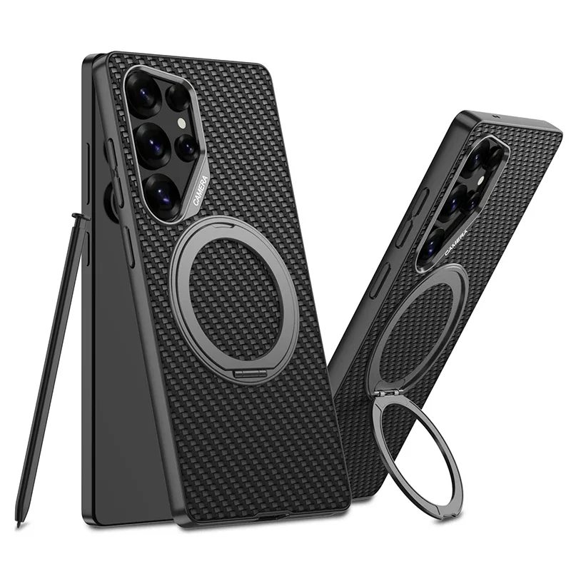 For Samsung Galaxy S25 Ultra 5G Case Ultra-Thin Luxury Clear Matte Leather Magnetic Rotating Bracket Shockproof Back Accessories