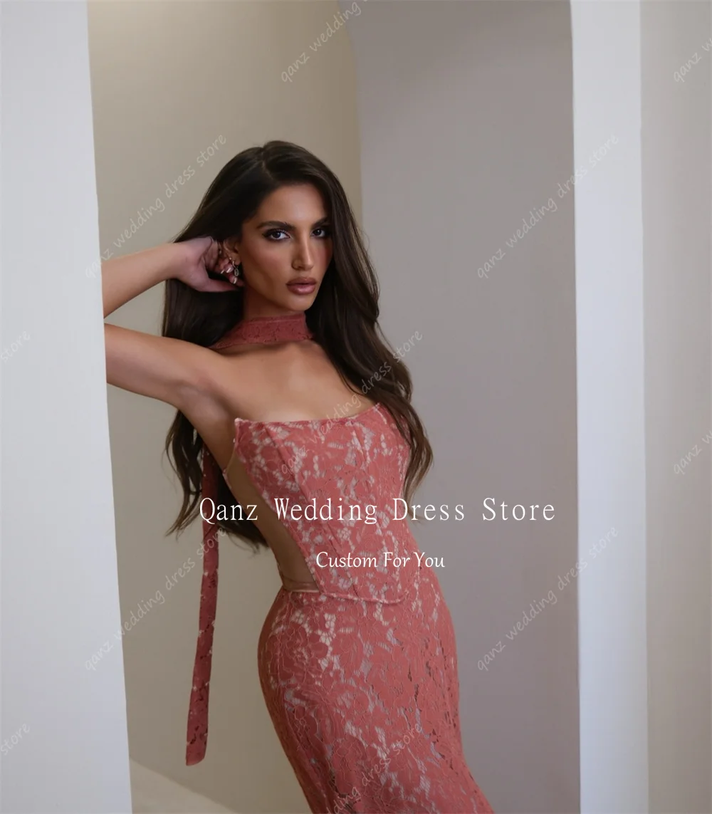 Qanz Koraalrood Chique Kant Avondjurk Zeemeermin Strapless Jurken Voor Bruiloftsgasten Lint Corset Party Prom Gown Aangepast