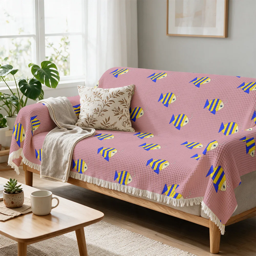 Bright Fish Print Sofa Throw Blanket Couch Cover Decorative Nautical Ocean Coastal Beach Tropical Home Decor Accessory for Livin