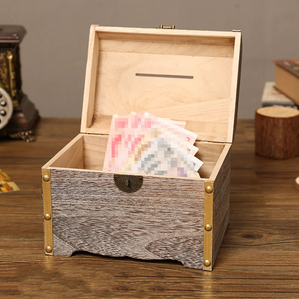 

Retro Treasure Box Creative Wooden Piggy Bank Safe Handmade Wood Carving Money Box Savings with Lock for Teens- Extra L
