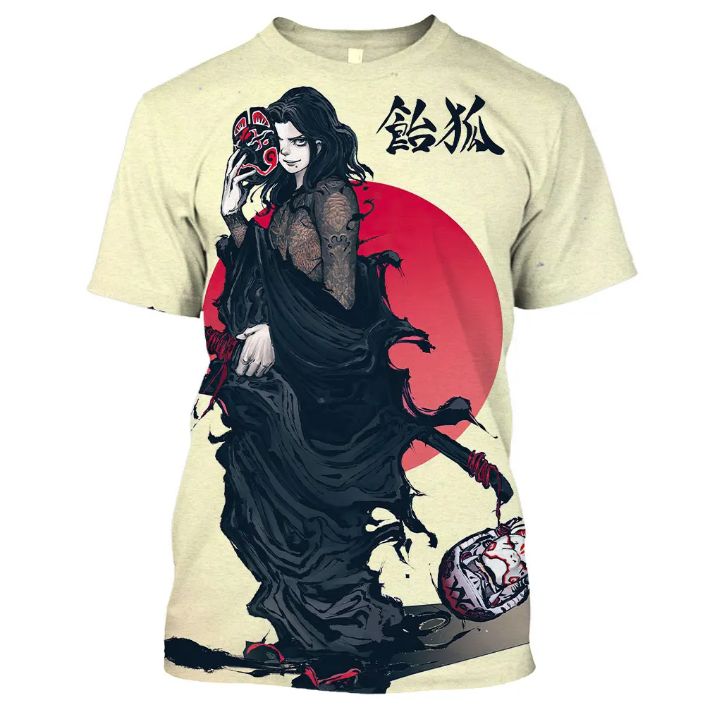 Japanese Geisha Samurai Men\'s T Shirt Round Neck Casual Short Sleeve Tops Men\'s Clothing Summer Oversized Harajuku Streetwear