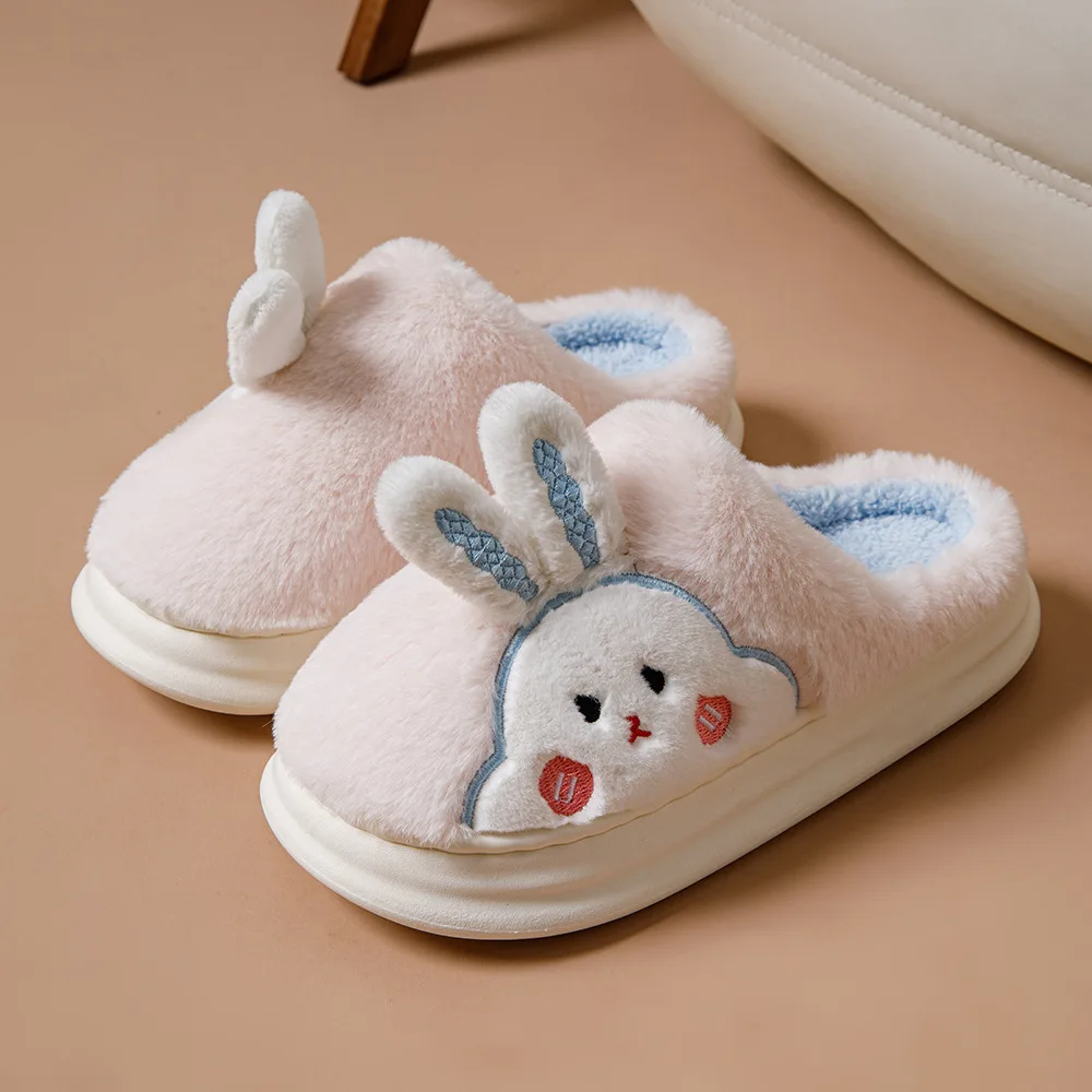 Fluffy Thick Slippers Cartoon Rabbit Couple Slippers Winter Warm Home Slippers Three-Dimensional Pattern Slippers